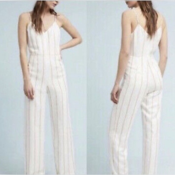 Anthropologie The Essential White Striped Linen Blend Crop Jumpsuit Size 2 - Picture 2 of 8